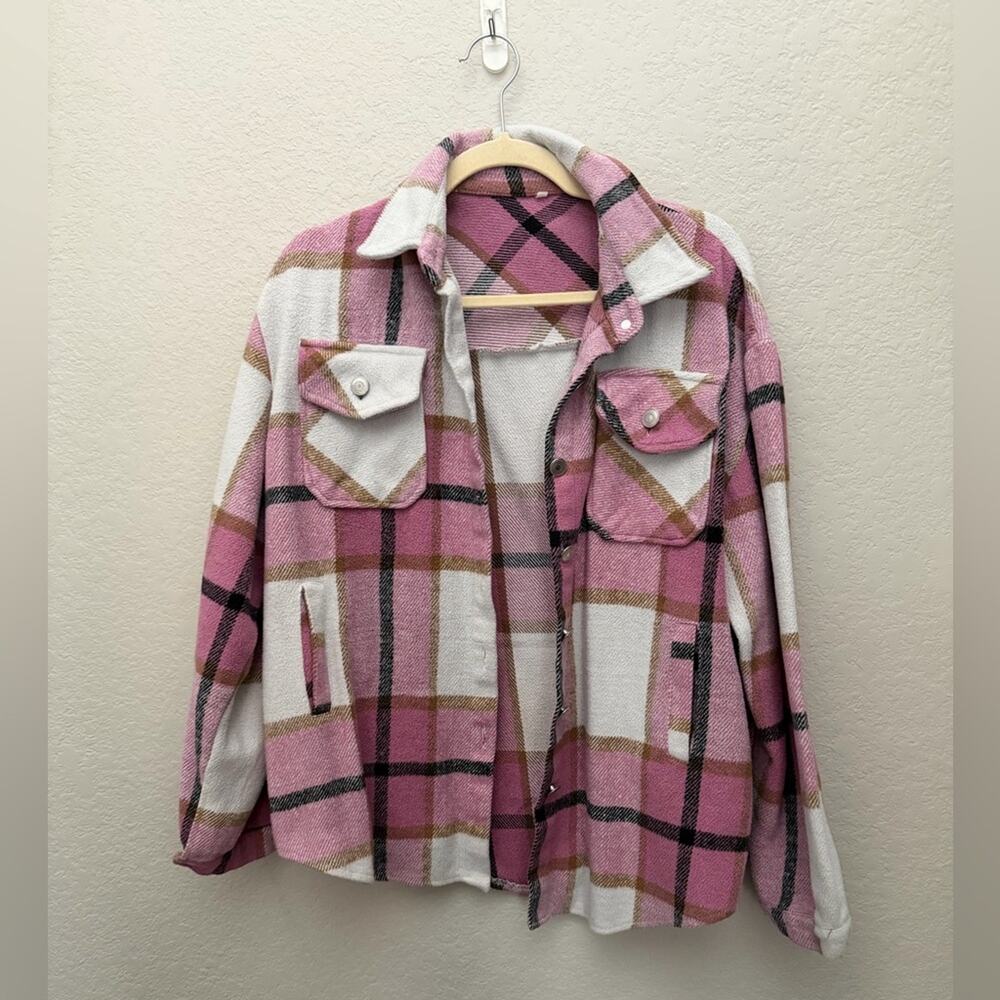 Moss Rose Womens Casual Plaid Shacket Button Down Long Sleeve M Pink Flannel - Picture 2 of 5
